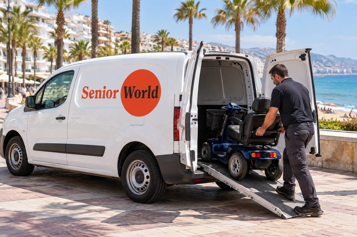 Senior World van collecting a mobility scooter from a customer’s home